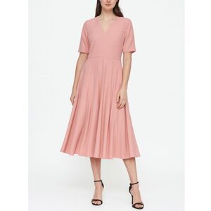 Gal Meets Glam Edith Midi Dress Women's 10 Pink Fit Flare V Neck Crepe